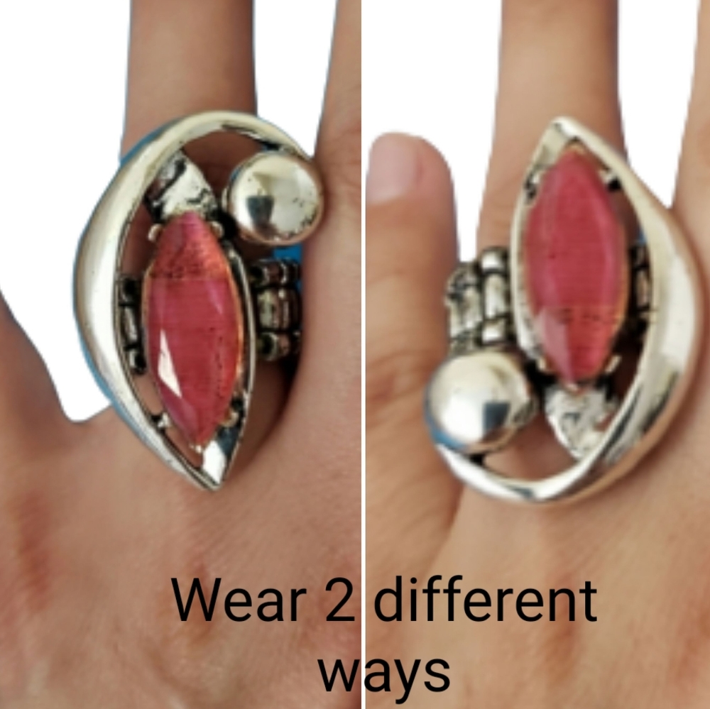 Unique Chunky Silver Pink Stone Ring Stretchy Band